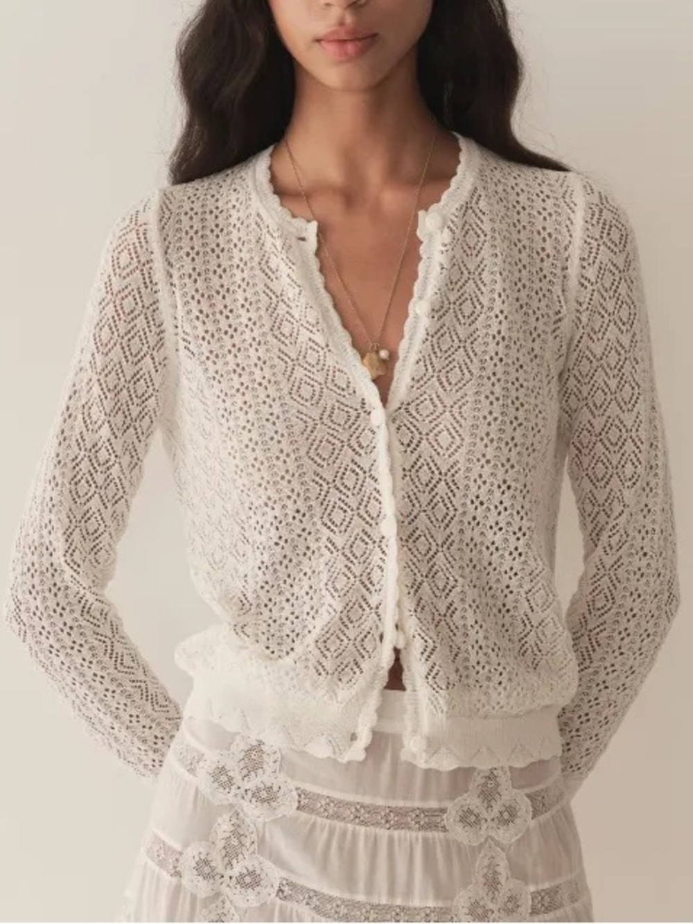 Doen Diane Pointelle Lace Crochet Button Knit Cardigan Sweater Top Ivory White